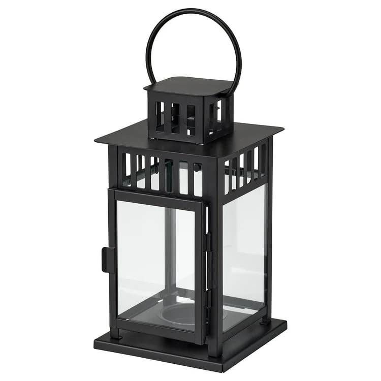 Official IKEA photo of empty black BORRBY 28-centimetre steel-and-glass lantern with carrying handle