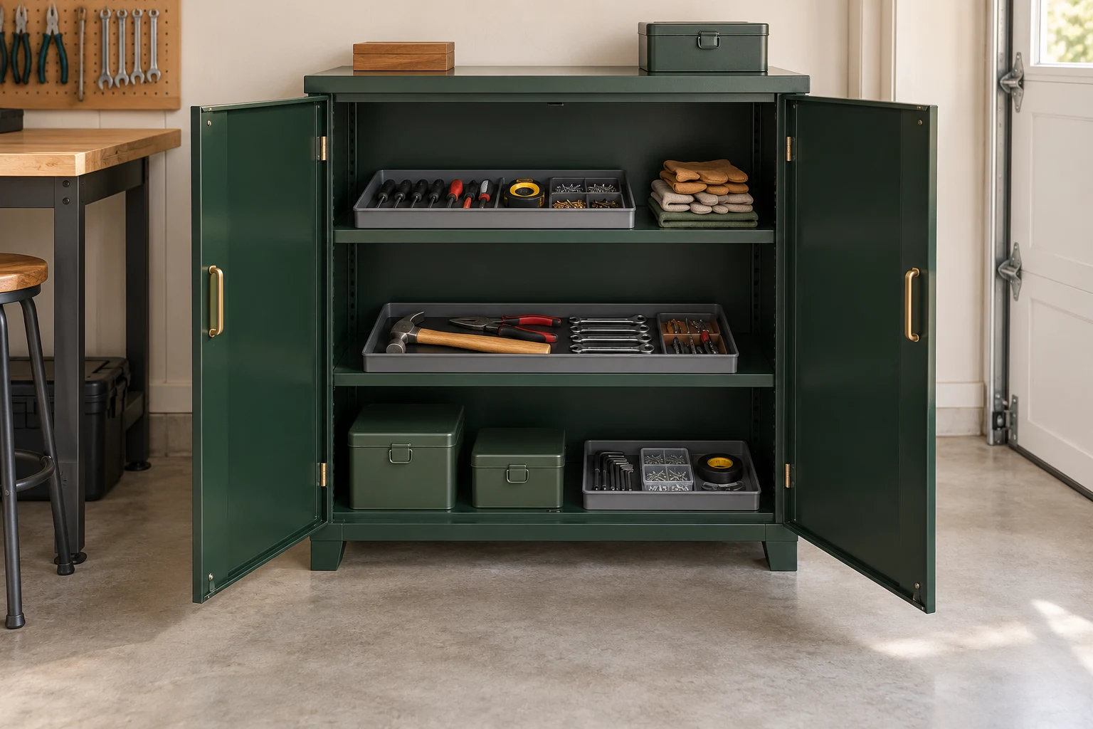 Open cabinet doors revealing shallow trays and small storage boxes