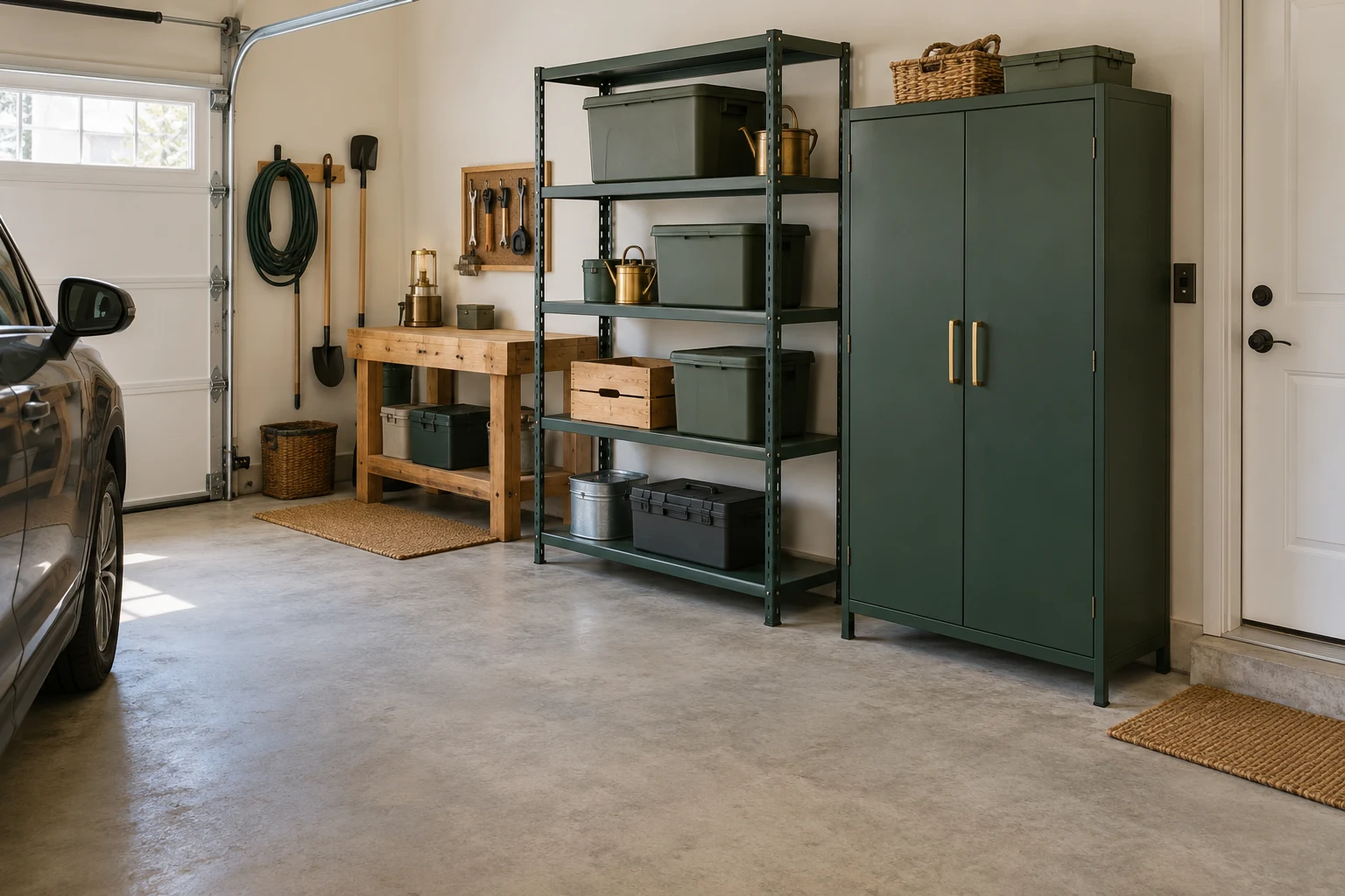 Open green shelving beside a closed green cabinet with a clear garage route