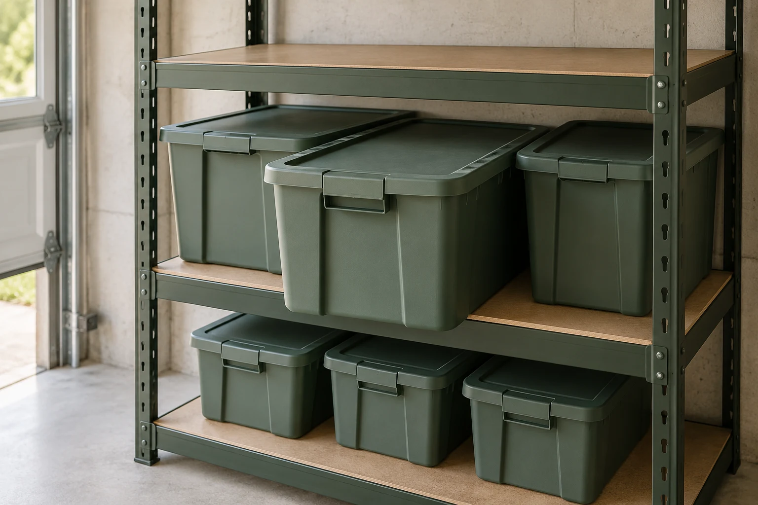 Lidded bins on open shelving with space above their handles and lids