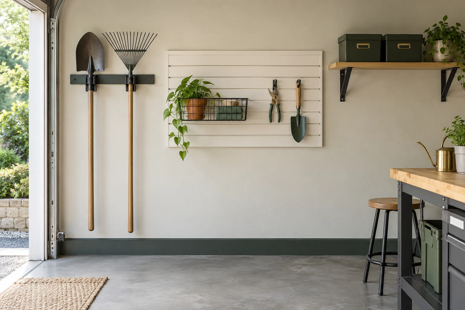 A garage wall combining tool holders, an ivory slatwall section and a shallow shelf