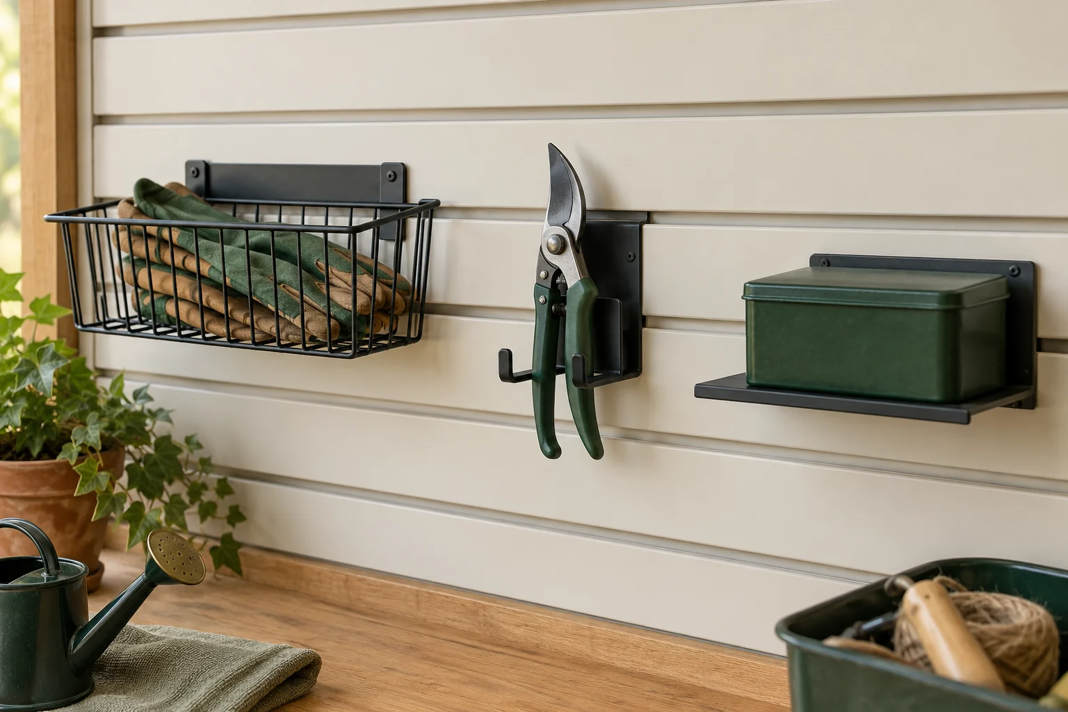 Close-up of a wire basket, a pruning-tool holder and a small shelf on generic slatwall