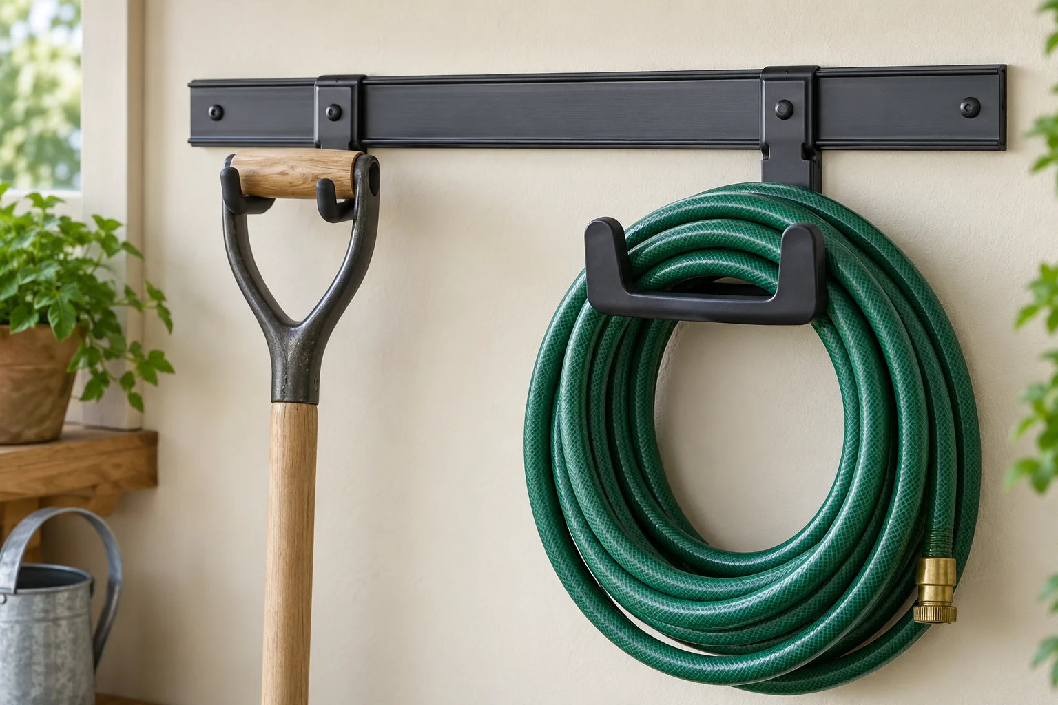 Close-up of a padded tool hook and a broader hose cradle on a generic rail