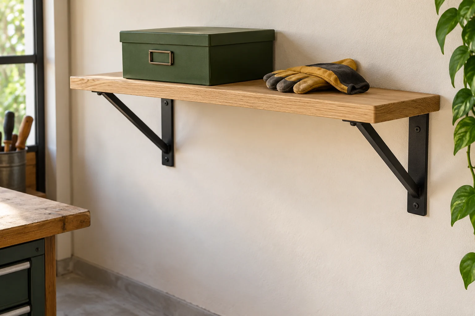 Close-up of a shallow oak shelf with two triangular black brackets and a small storage box