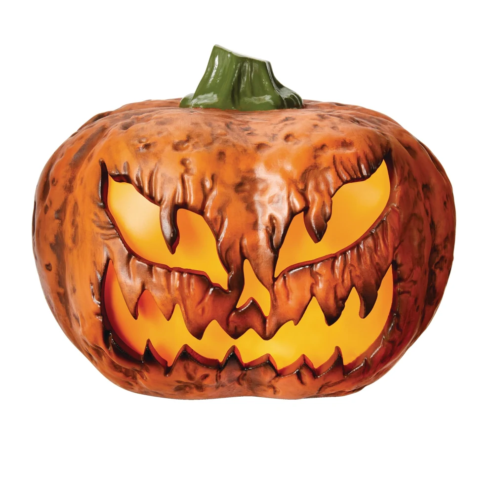 Actual Gemmy LED jack-o-lantern with an orange distressed face, green stem and illuminated eyes and mouth
