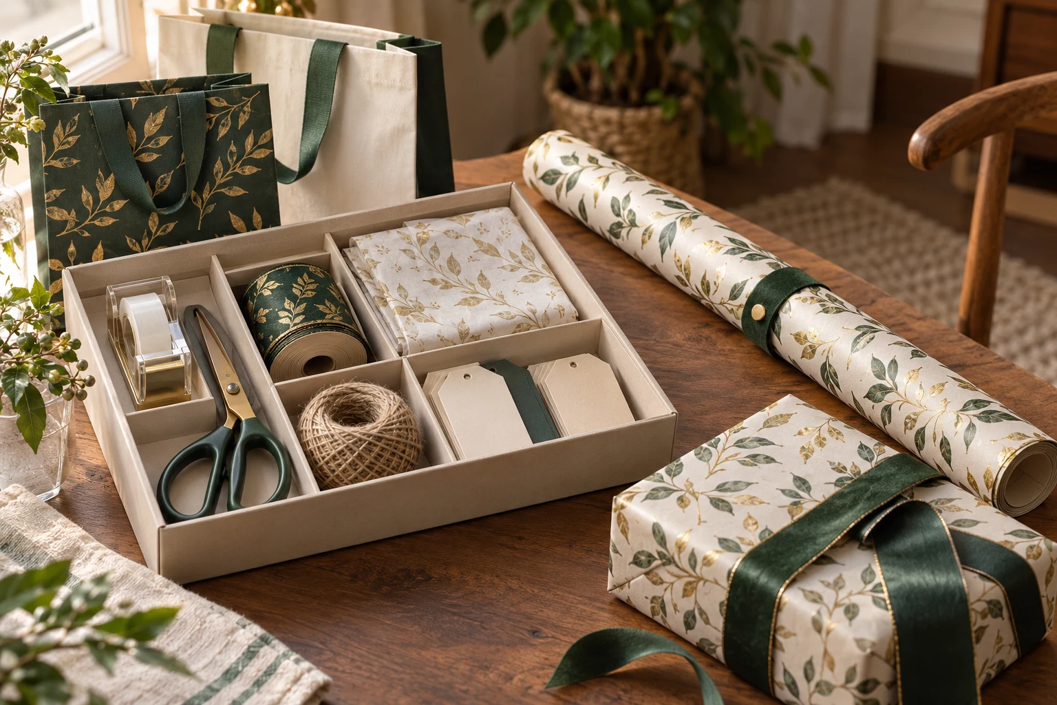 Close-up illustrative portable supply box with separate spaces for tape, closed scissors, ribbon, tags and tissue.