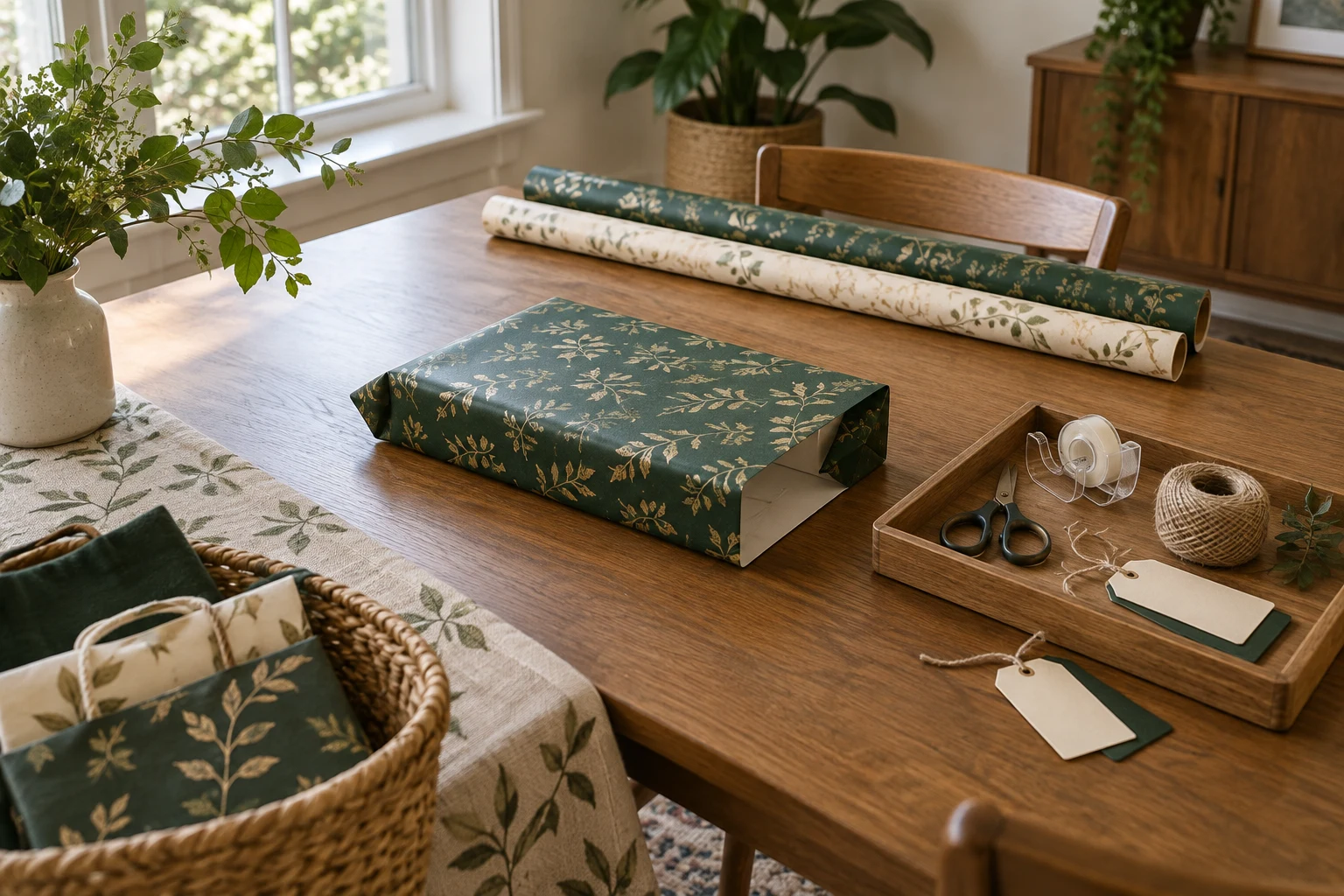 Illustrative temporary wrapping station on a wooden table, with a gift in the centre and supplies in a portable tray.