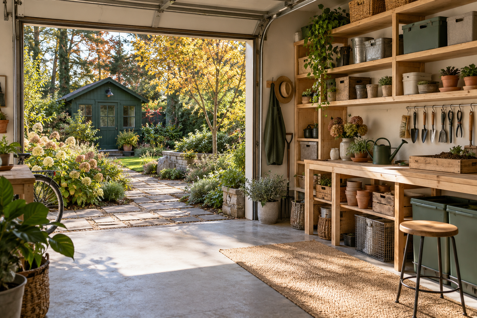 A tidy oak workshop opening onto a sunlit garden and green shed