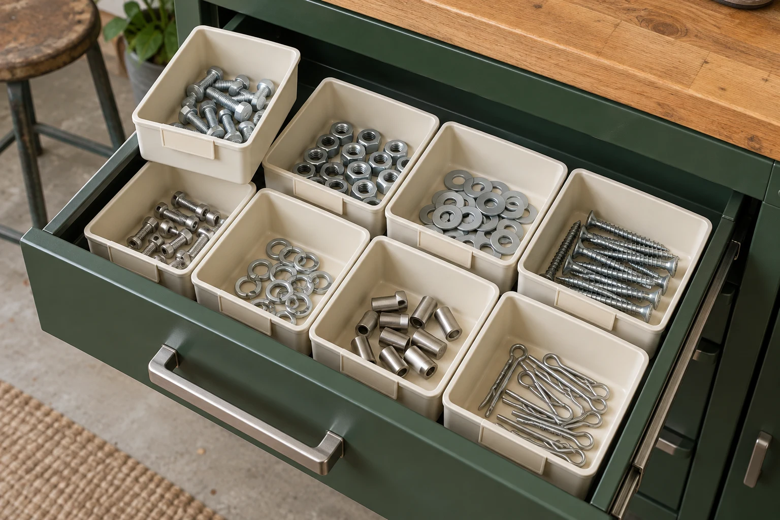 Separate removable trays holding small fasteners inside a shallow workshop drawer