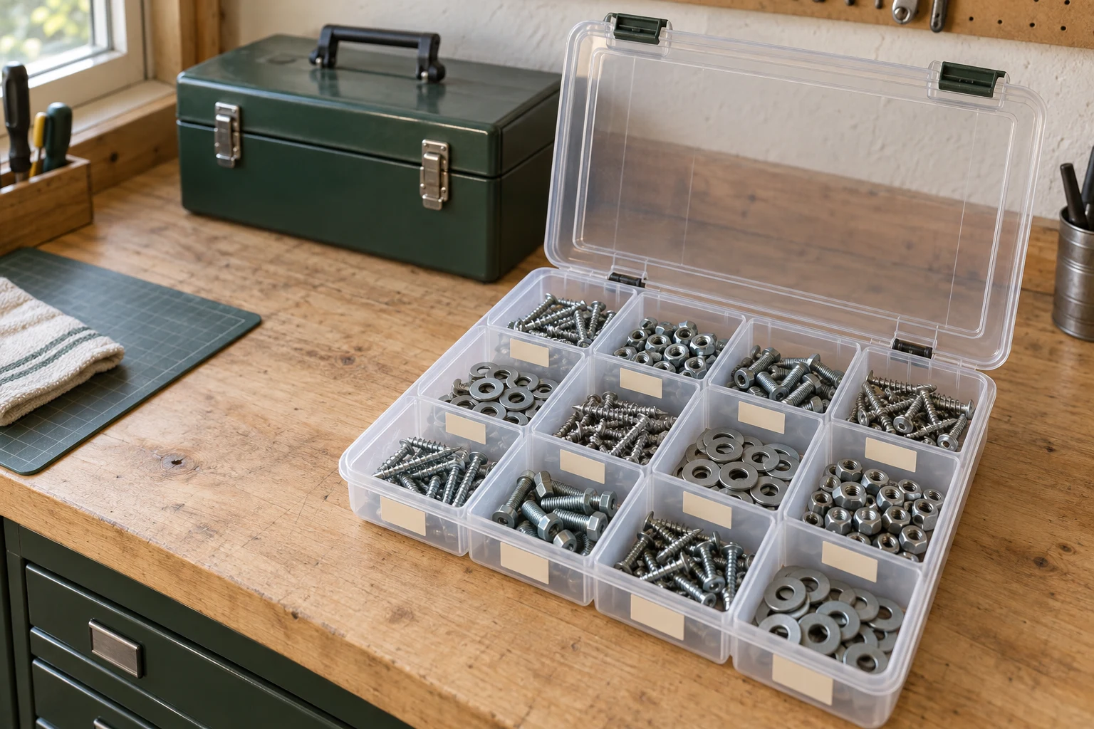 An open compartment organizer with separate groups of screws, nuts and washers on a wooden workbench