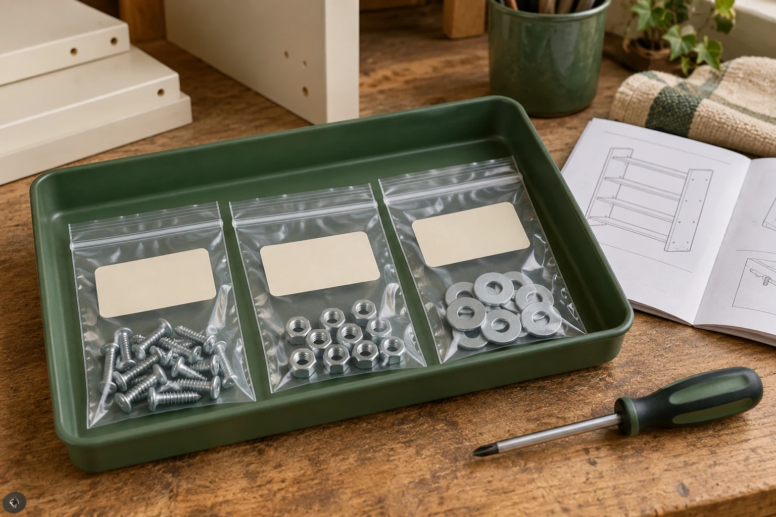 Sealed bags of separated hardware in a shallow project tray beside assembly paperwork
