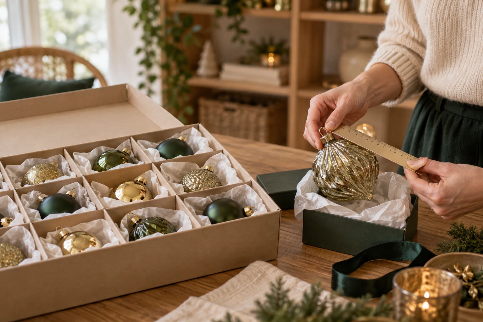 Illustrative packing scene with separate ornament compartments, tissue and a larger ornament in its own box.