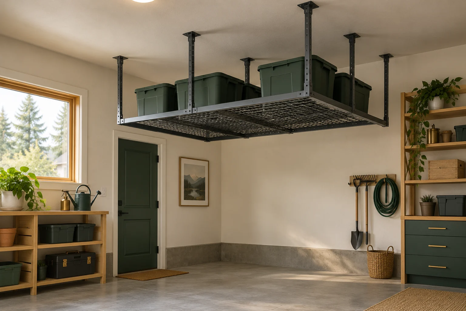 Illustrative ceiling storage rack with bins in an organized garage