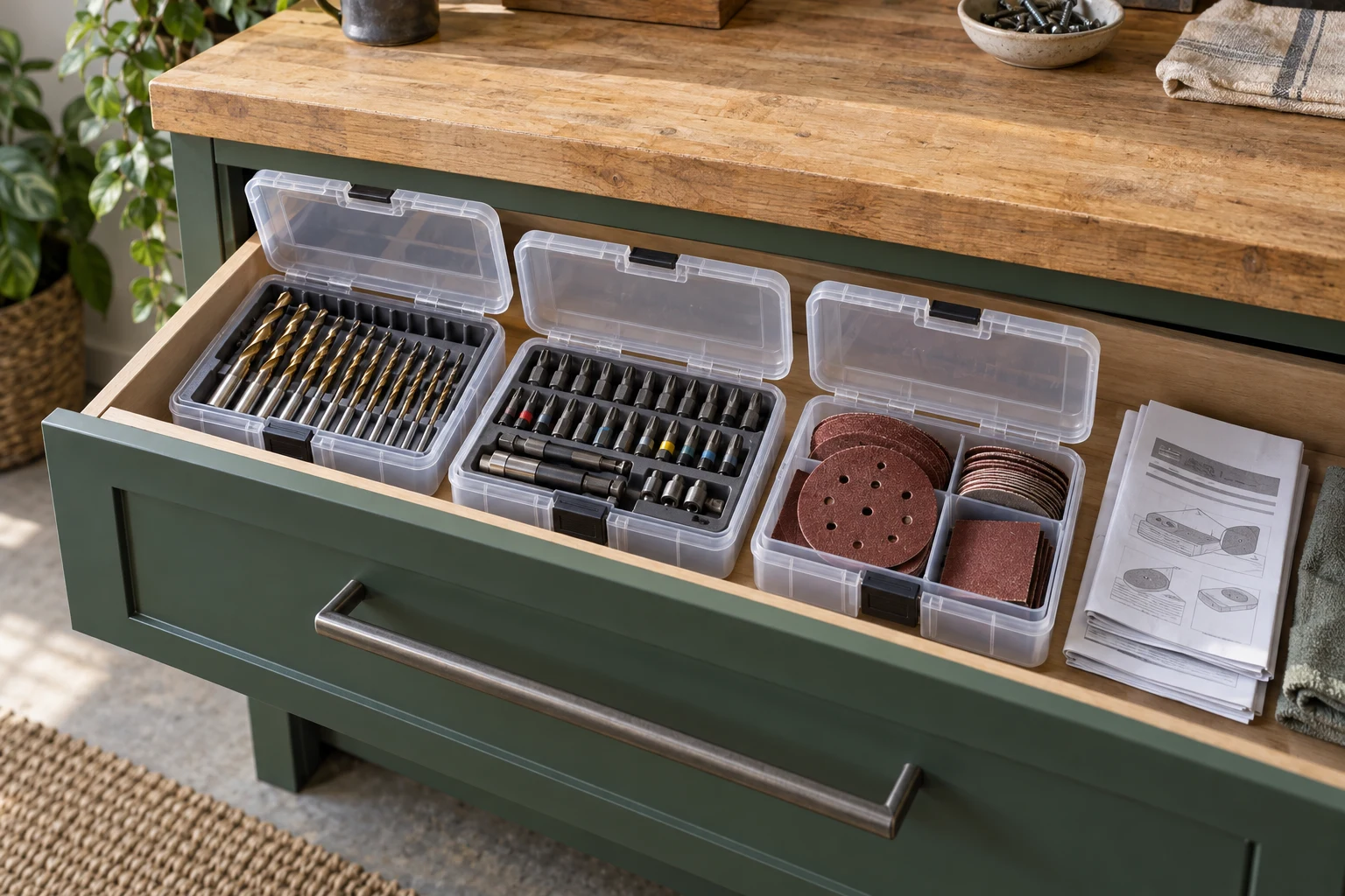 Separate open fitted boxes of drill bits, driver bits and sanding materials in a workshop drawer