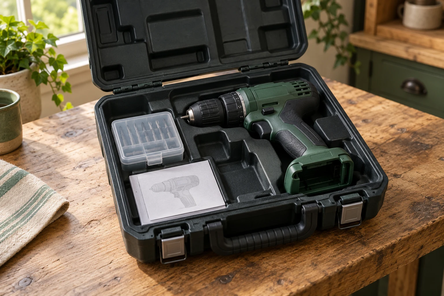 A generic cordless drill with its battery removed in a fitted case beside an accessory box