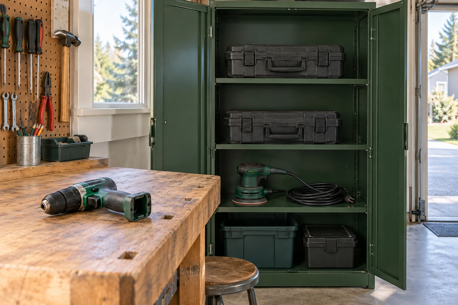 Tool cases and an unplugged sander in a green cabinet beside a drill with its battery removed