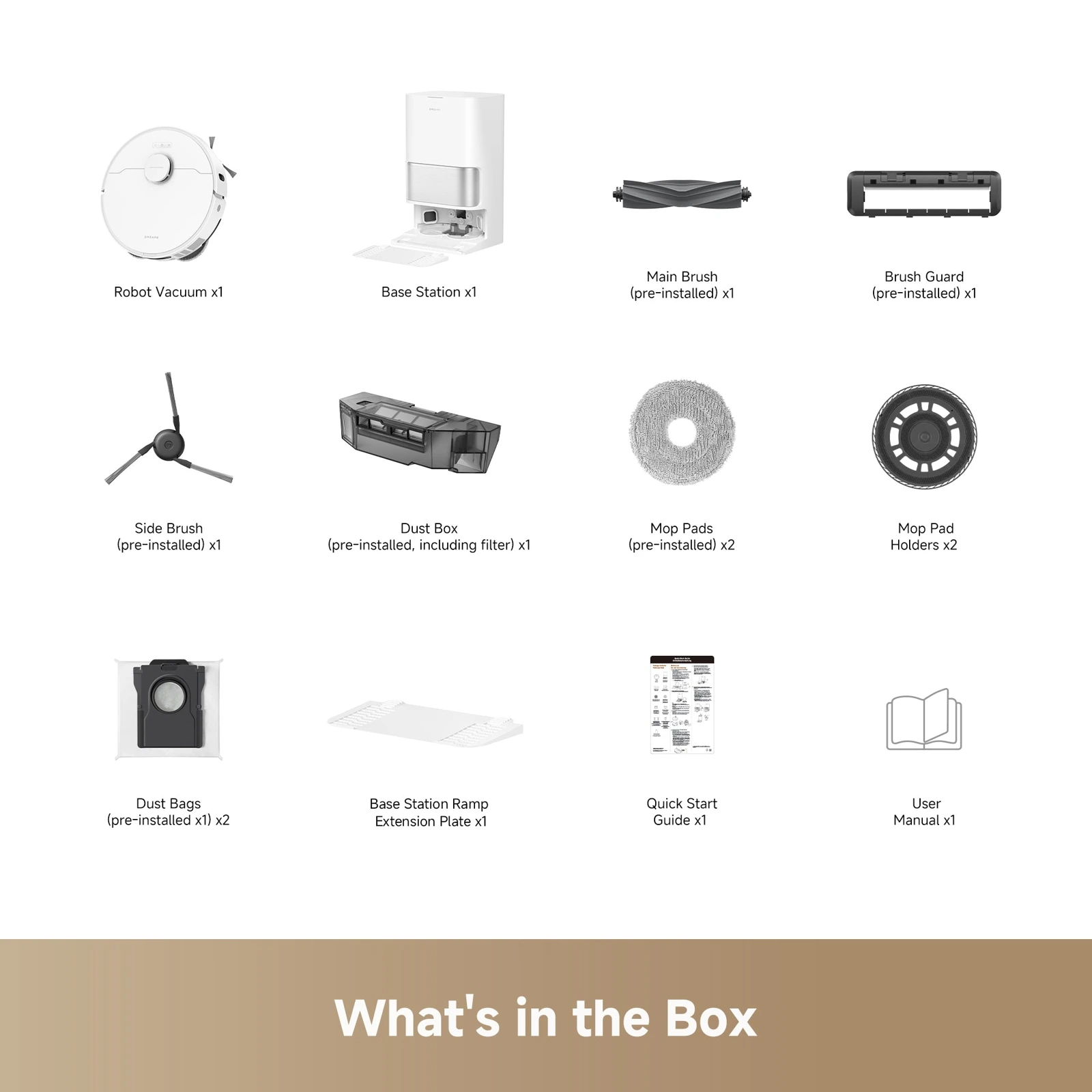 Dreame L40 Ultra Gen 2 manufacturer package image labelling the robot, base station, brushes, pads, bags and ramp