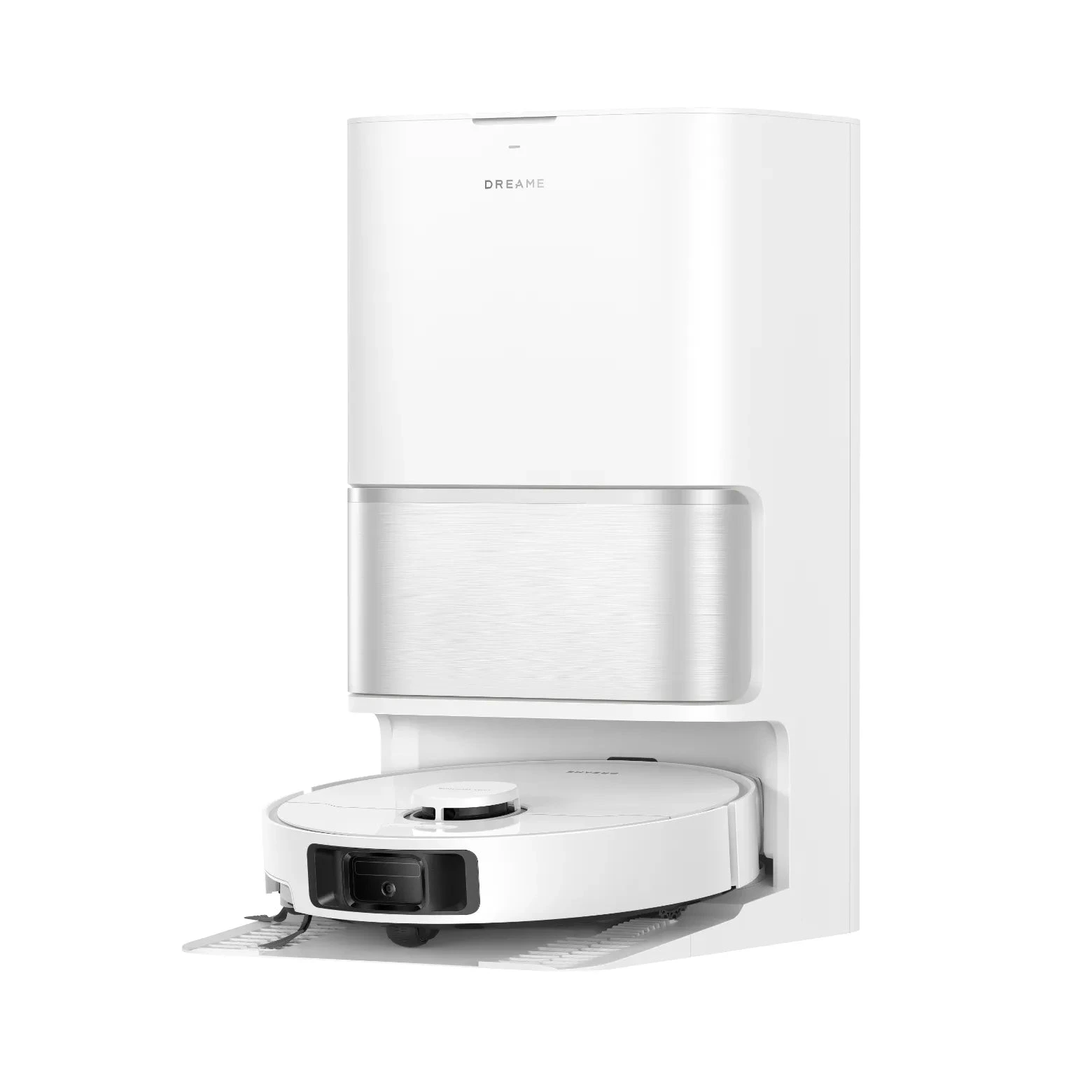 Official Dreame L40 Ultra Gen 2 white robot in front of its white and silver base station