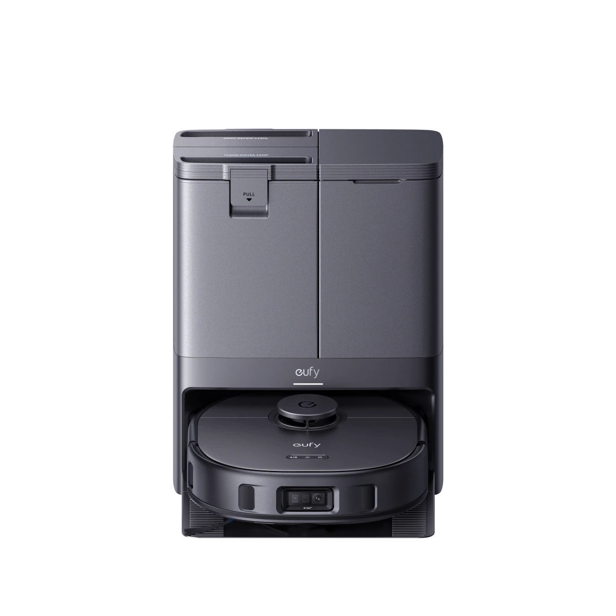 Official eufy X10 Pro Omni dark robot docked below its twin water-tank station