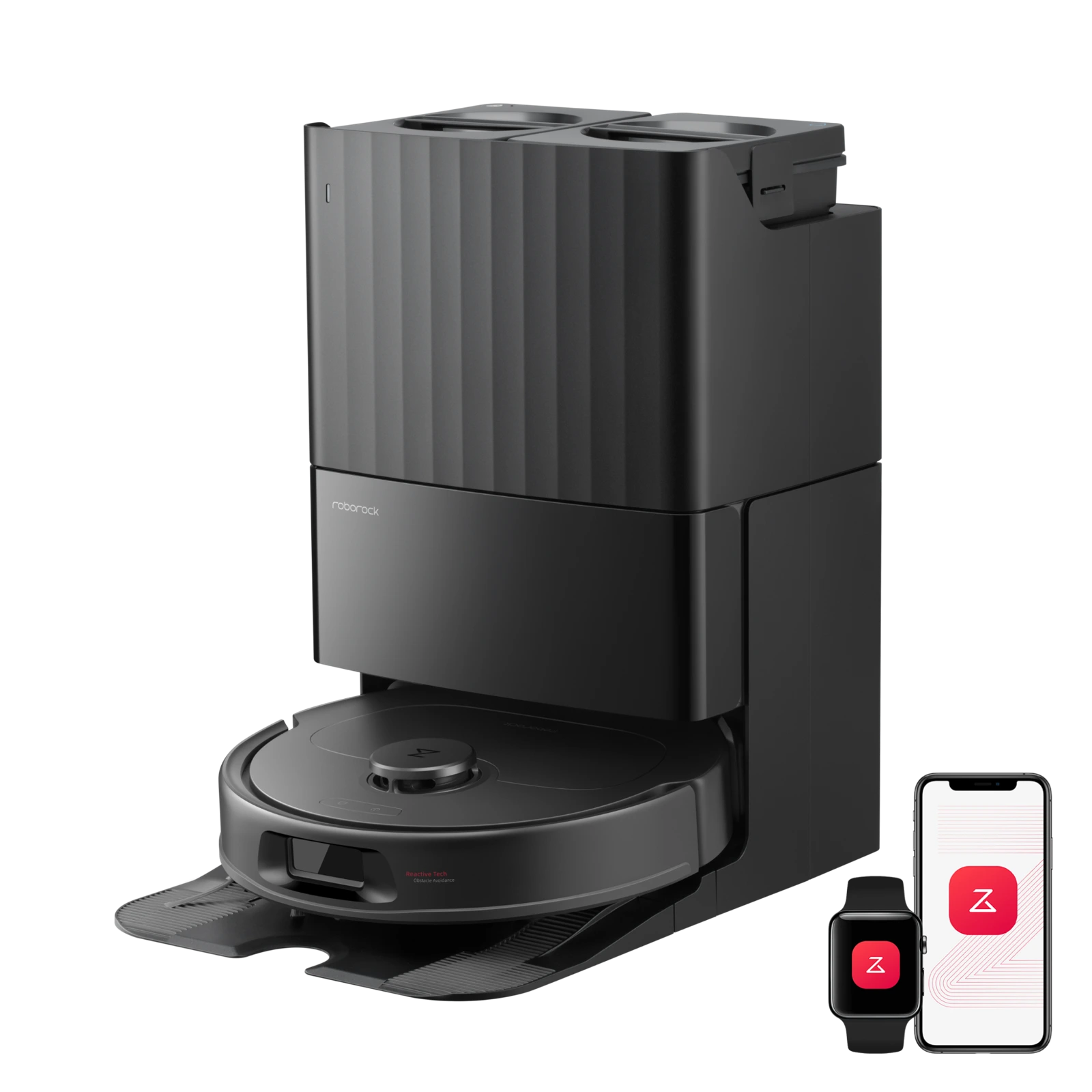 Official Roborock Qrevo S Pro black robot and tall dock, with phone and watch app illustrations