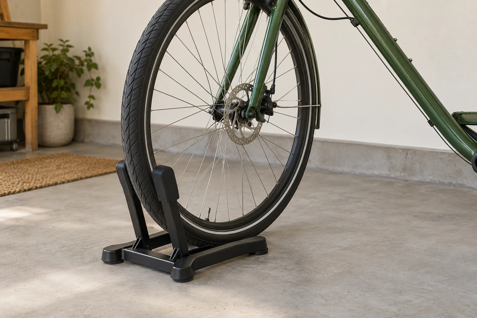 Close view of a bicycle wheel supported by a generic black floor cradle