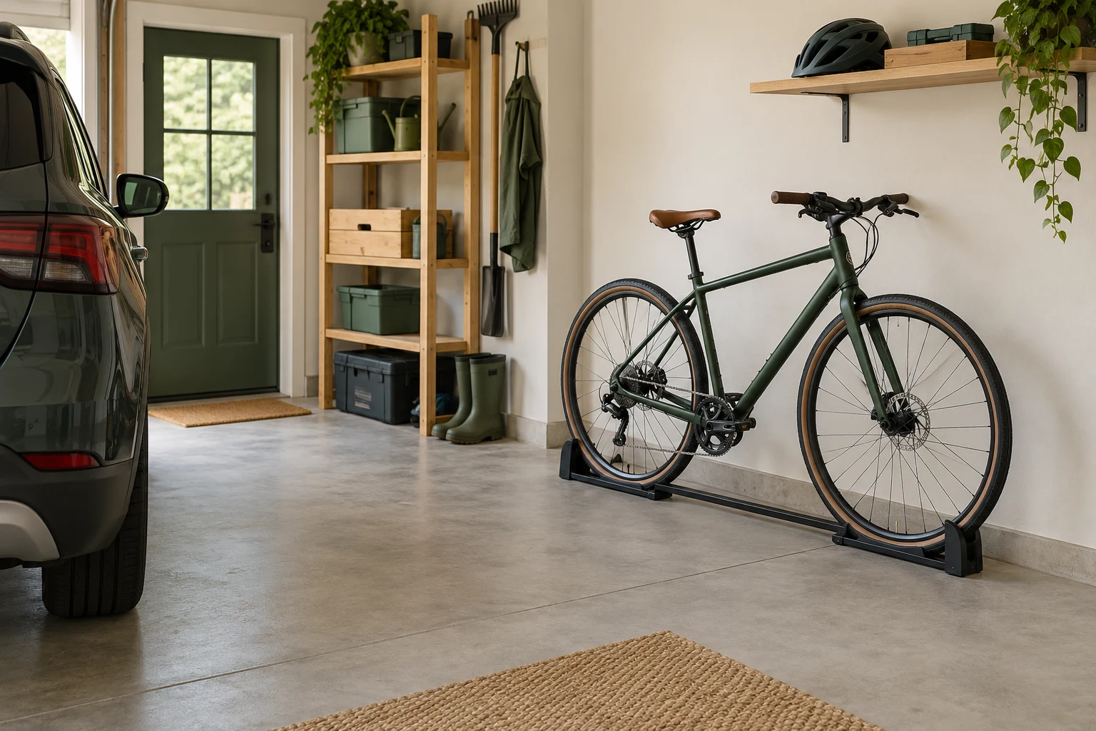 A green bicycle in a floor rack beside a garage wall, with an access route alongside a parked car