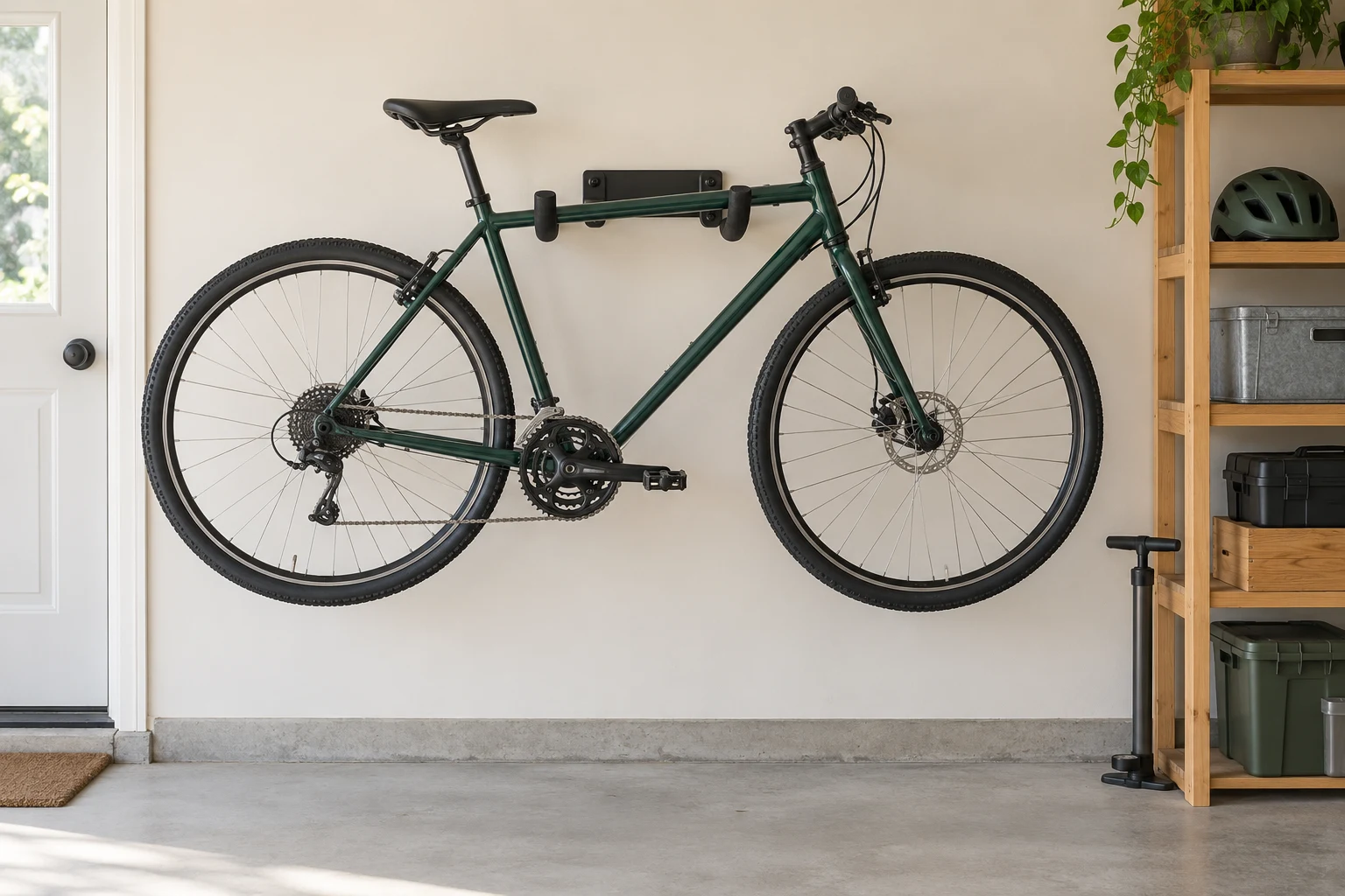 A generic horizontal wall hanger supporting a bicycle with clear floor space below