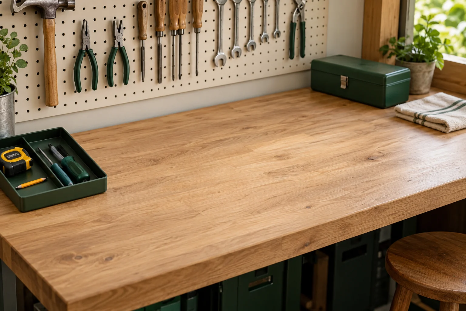 Close-up of a clear oak workbench with a small tool tray at one side and a closed project box at the back