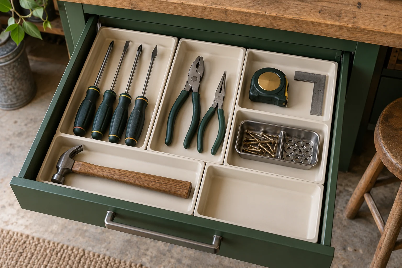 Close-up of a shallow tool drawer with separate trays for screwdrivers, pliers, measuring tools and a hammer