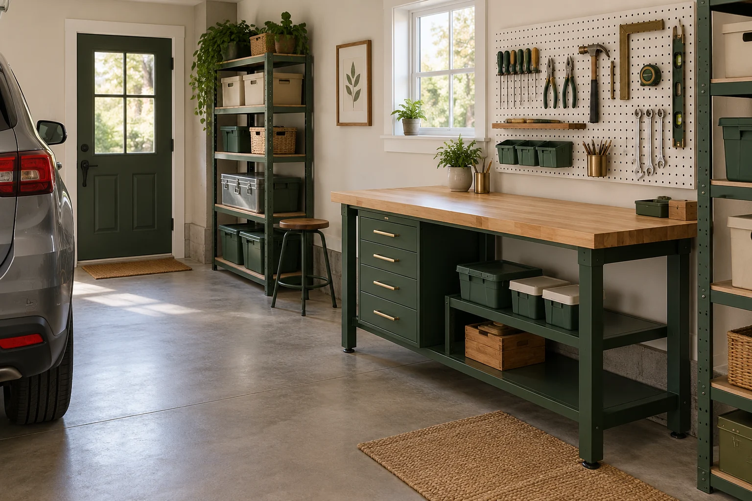 A compact garage workbench with organized hand tools, drawers and clear space beside a parked vehicle