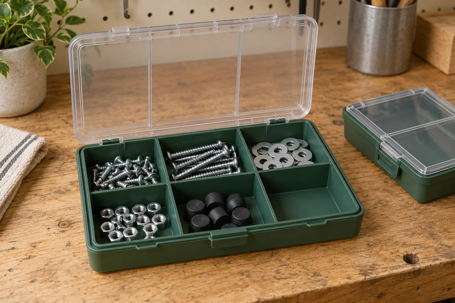 Close-up of a compartment box with screws, washers, nuts and rubber feet separated, plus an empty compartment