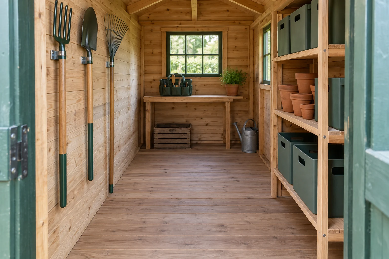 A small timber garden shed with tool holders, shallow shelves and a clear central aisle