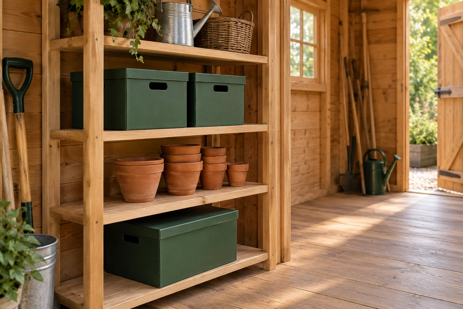 Shallow timber shelves with green storage boxes and nested terracotta pots beside a clear aisle
