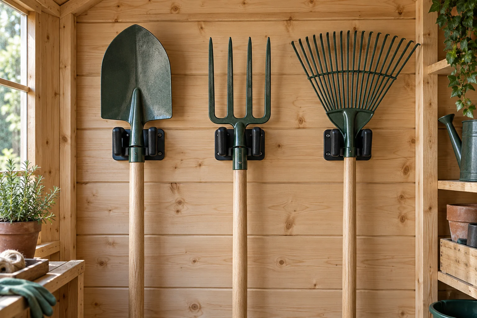 A spade, garden fork and leaf rake spaced apart on individual holders