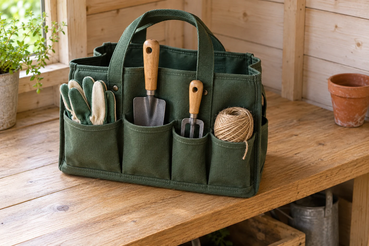 A green canvas tote holding small garden tools, gloves and twine on a potting surface