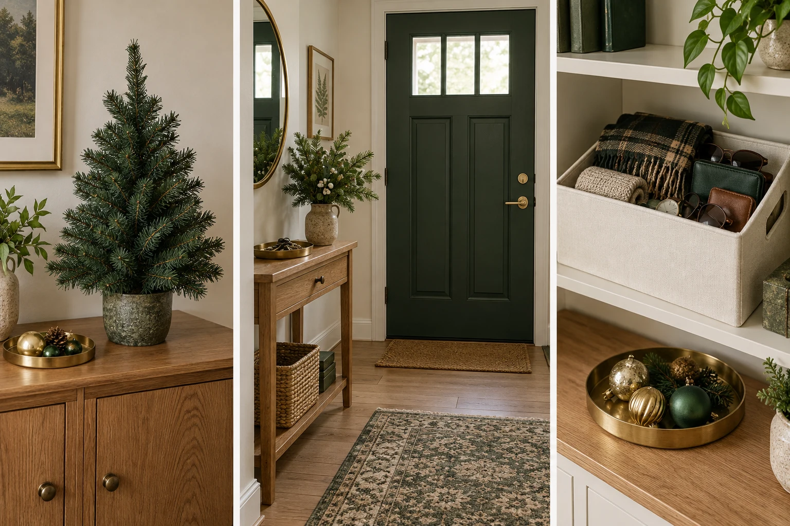 Three illustrative details: a tabletop tree, an entryway console with room for keys, and a box grouping everyday accessories removed for the season.