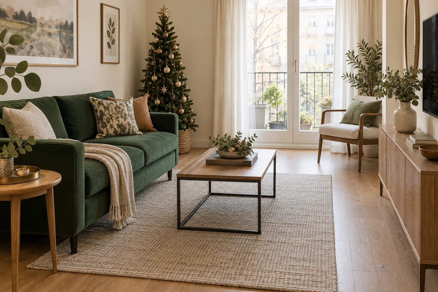 Illustrative compact living room with a narrow artificial Christmas tree, green sofa and an open central floor.