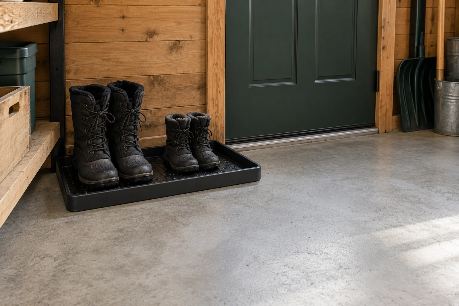 Winter boots inside a raised-edge black tray beside a garage door, with clear concrete floor alongside