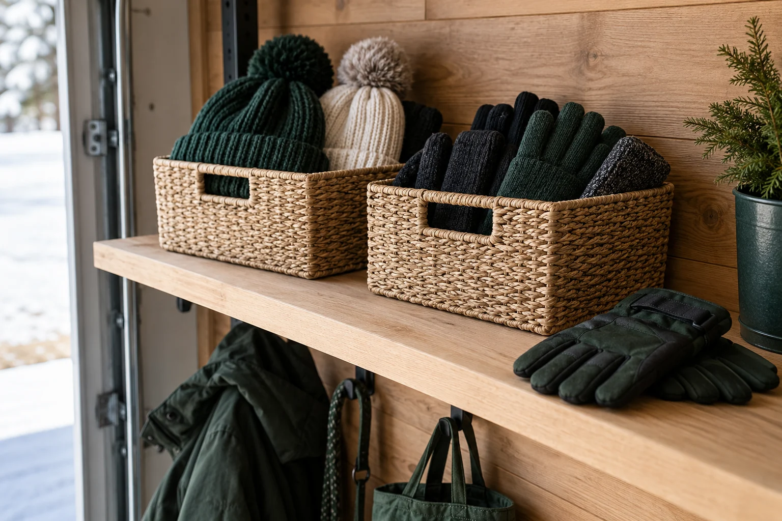 Open baskets holding dry gloves and hats on a shallow timber shelf