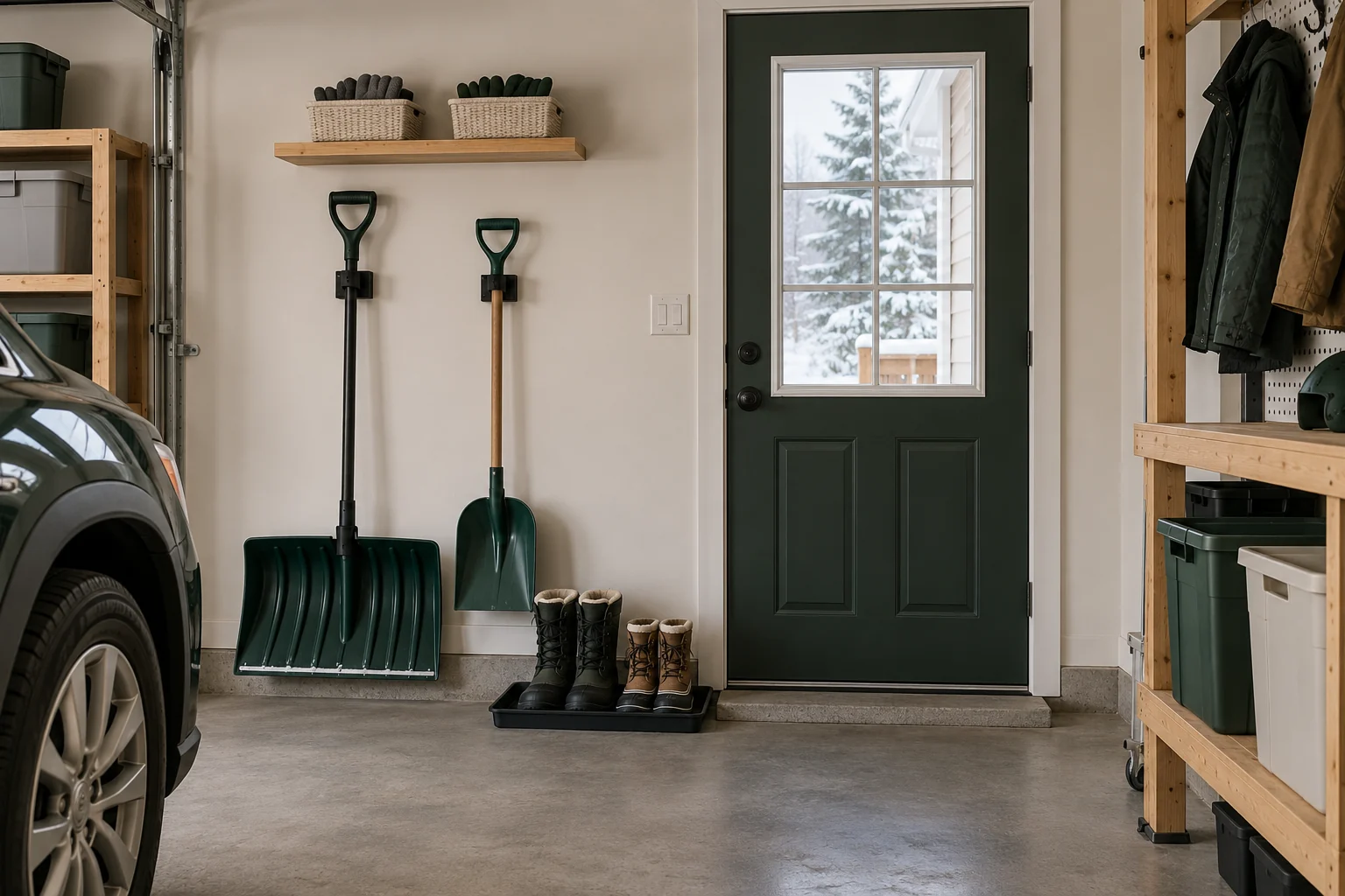 A compact winter garage station with two snow shovels, a boot tray and baskets beside a side door