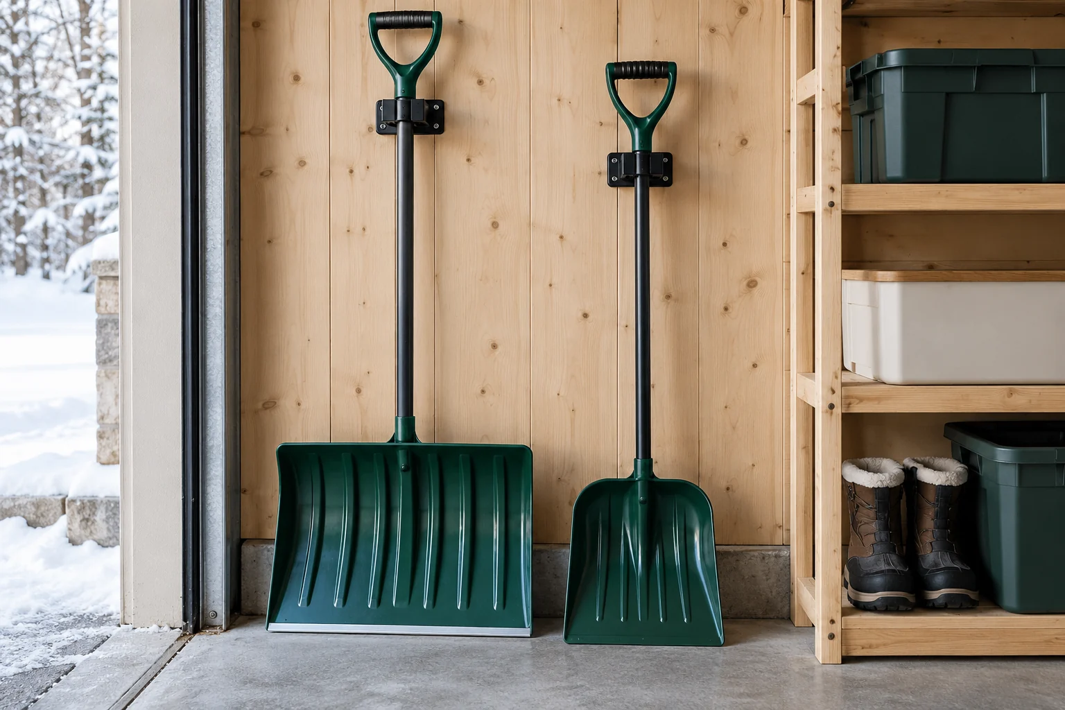 Two different snow shovels stored vertically on individual shaft holders against a timber wall