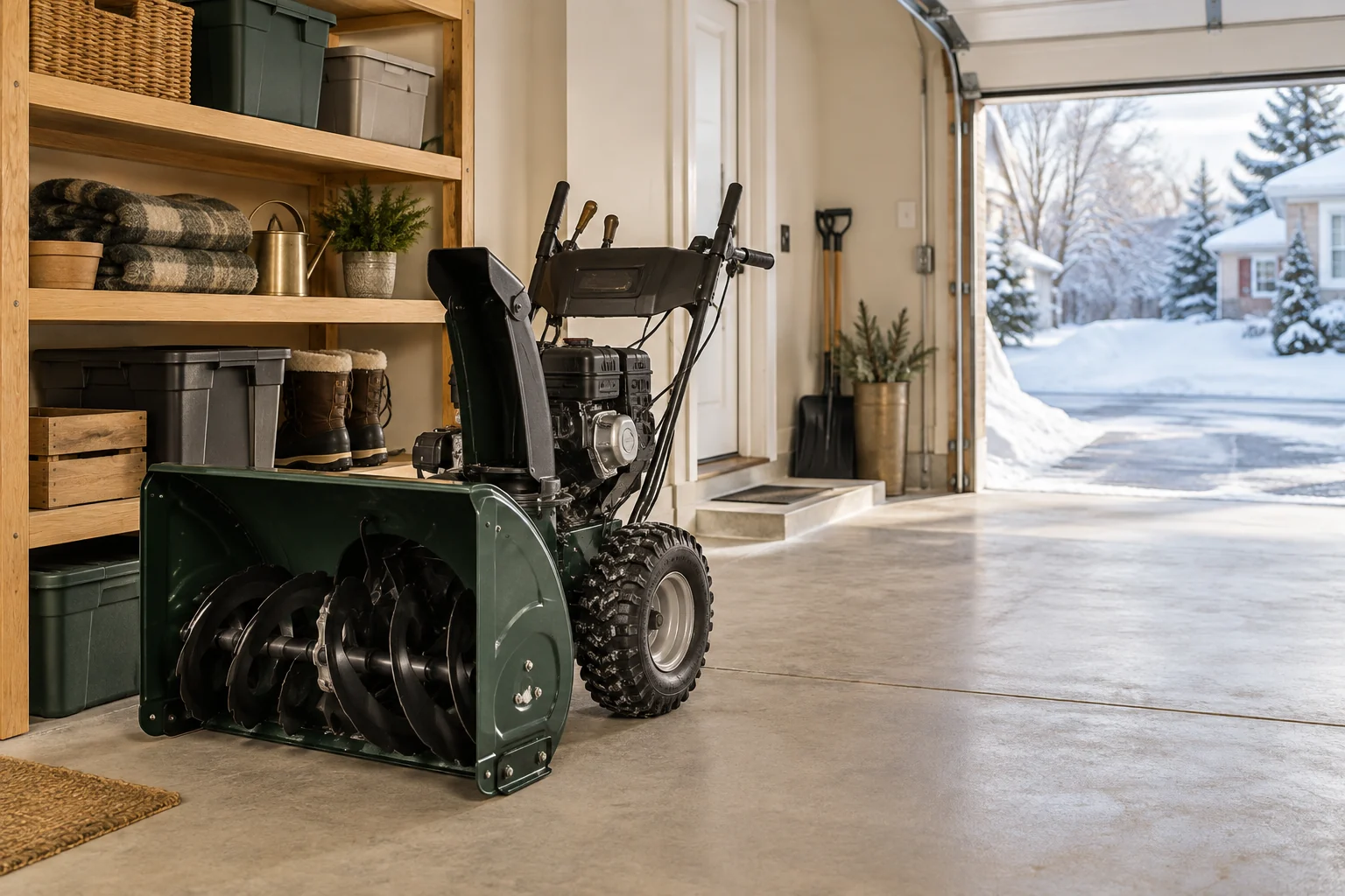 Snowblower parked in an organized garage with a clear exit route