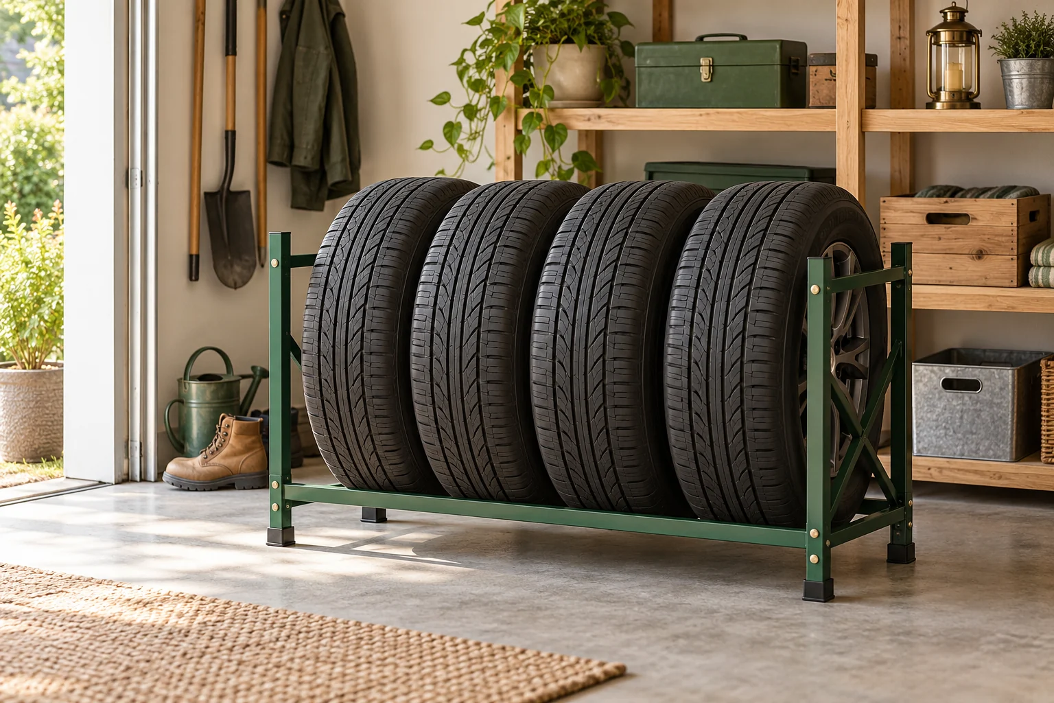 Generic freestanding tire storage rack in a garage