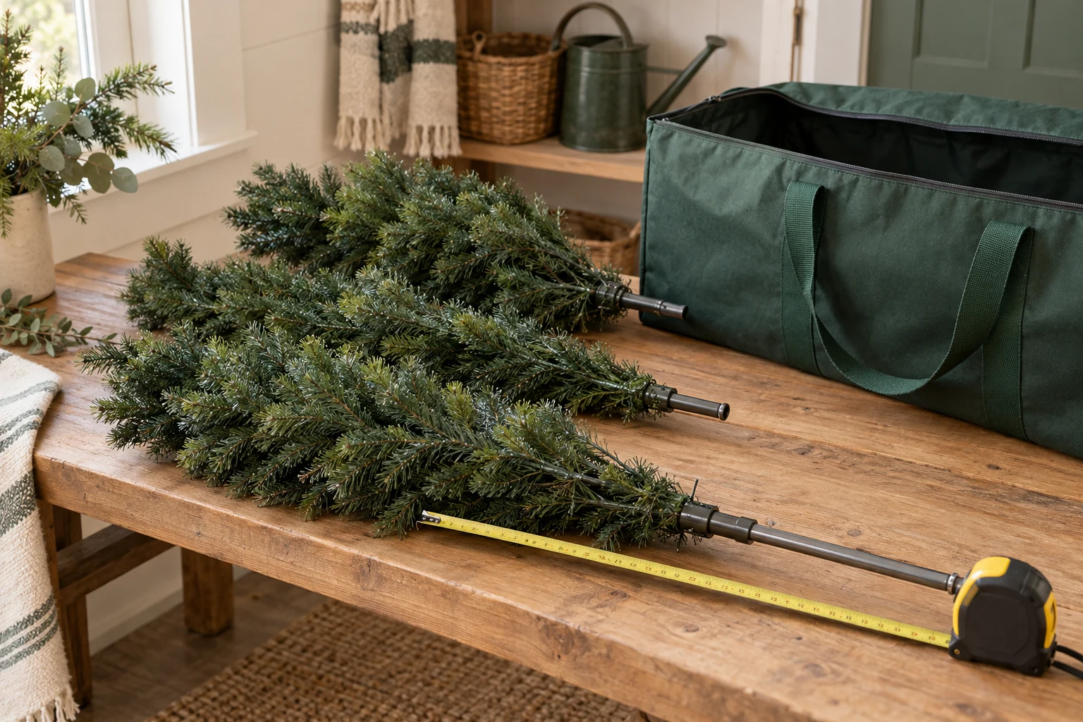 Illustrative scene of detached artificial tree sections being measured beside a generic storage bag.