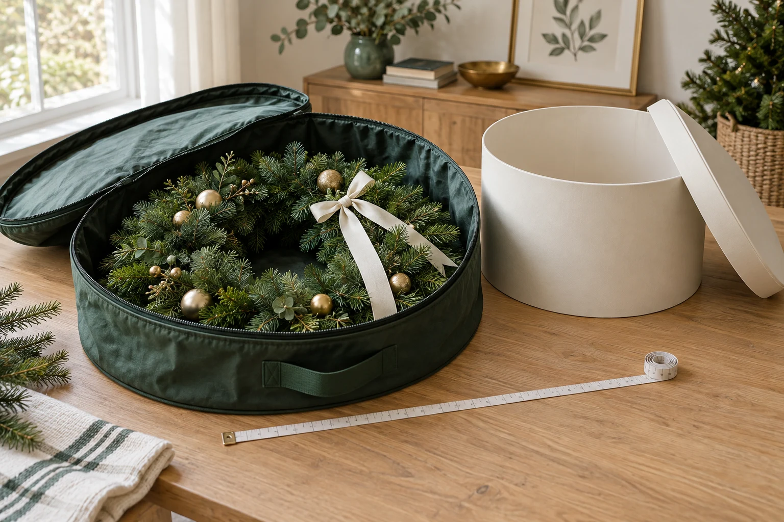 Illustrative artificial wreath inside an open soft bag beside a separate rigid storage box.